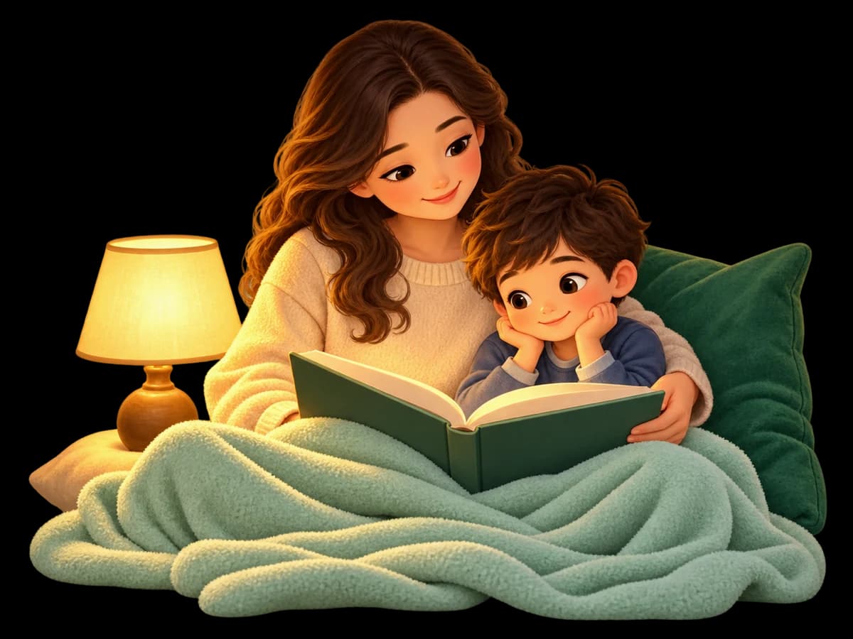 A mother and child reading a book together under a blanket